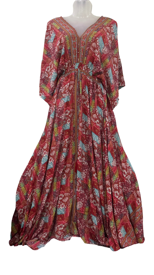 Royal Red Silk Kaftan – Long, Flowy with Blue Design