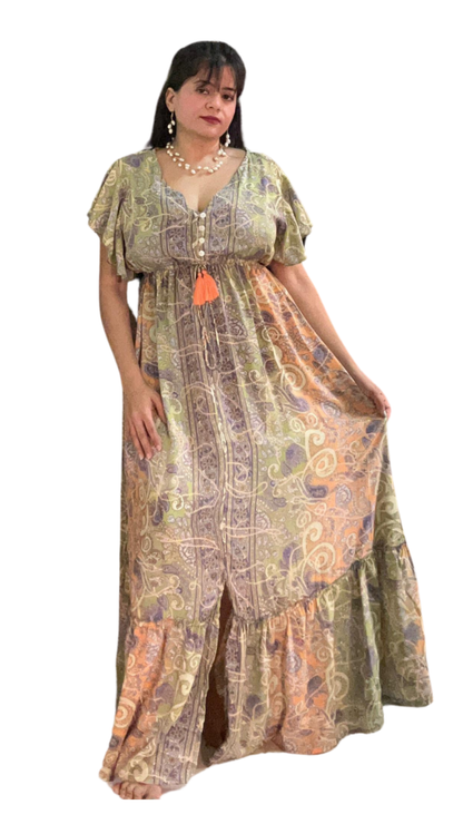 Golden Sunset Silk Gown – Green & Orange Paisley Print with Ruffled Sleeves