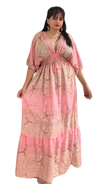Blush Elegance Long Silk Kaftan – Pink Flowing Design