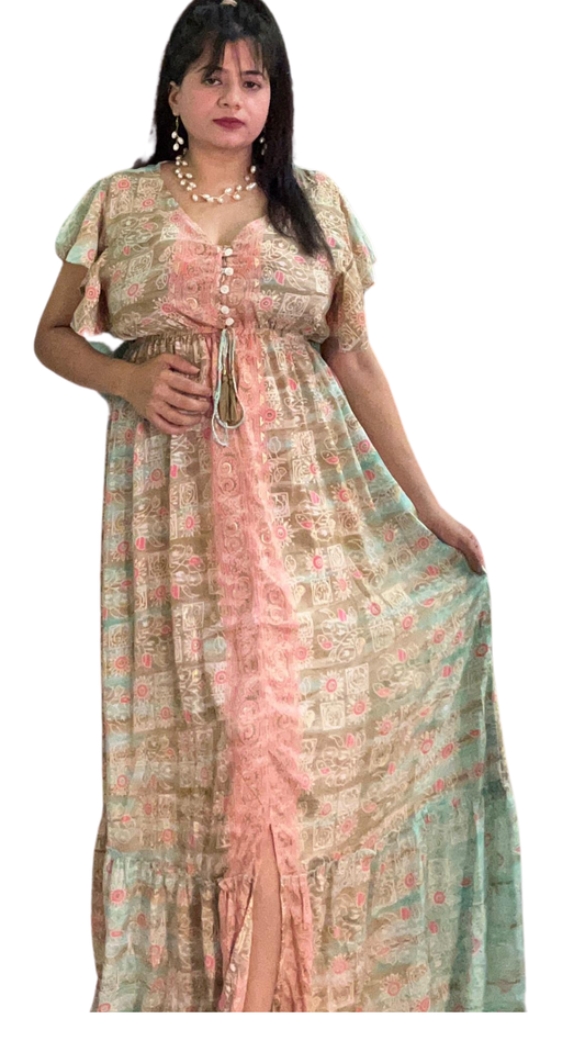 Dreamy Pastel Silk Gown – Soft Hues with Ruffled Half Sleeves