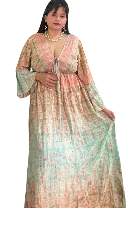 Sunset Mirage Long Silk Kaftan – Mixed Shades of Orange & Light Green