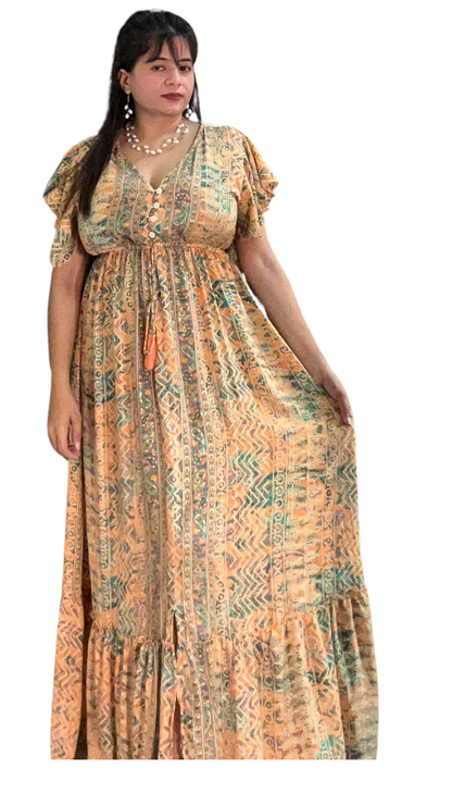 Bright Orange and Green Long Flare Dress