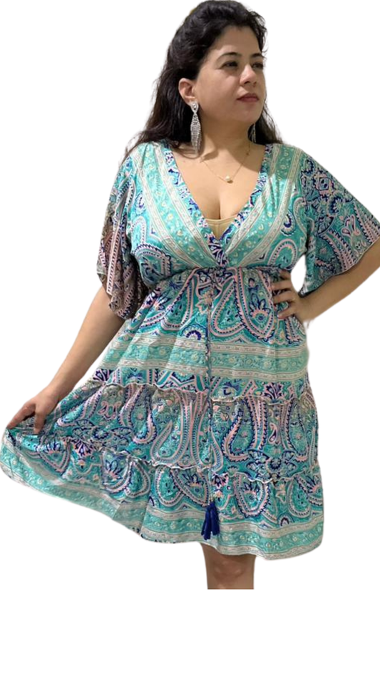 Short Kaftan-Sleeve Water Blue & Green Dress
