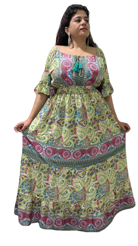 Rajasthani-Designed Green and Red Gown (Tie-Up Neck Dori)