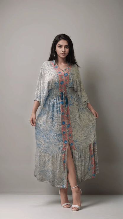 Blue and White Flowy Kaftan Gown