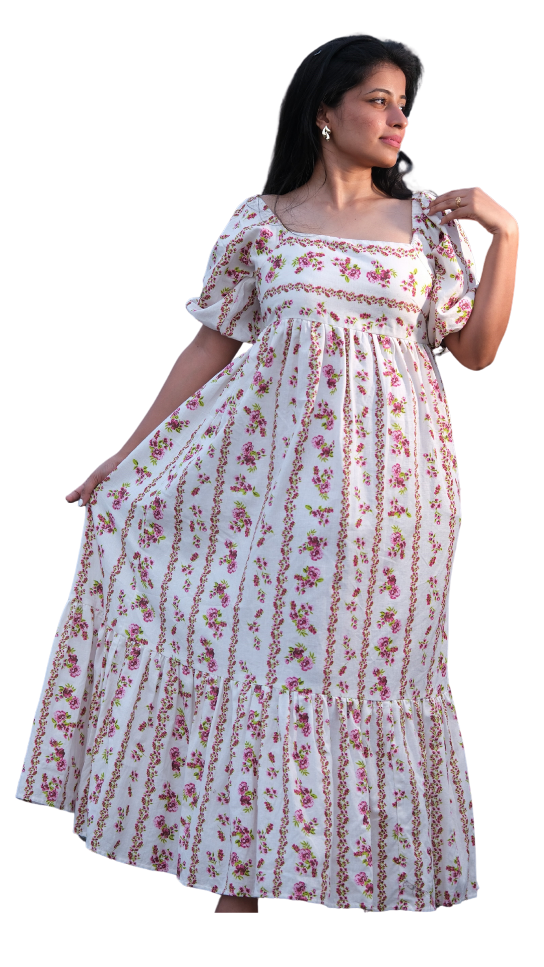 Red & Off-White Floral Tie-Up Regency Gown