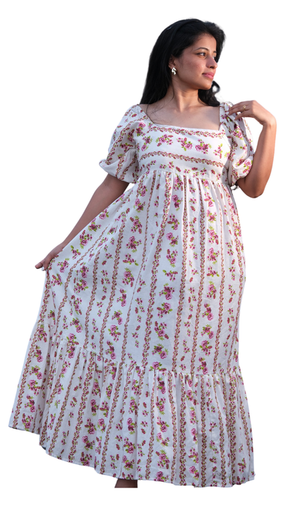 Red & Off-White Floral Tie-Up Regency Gown