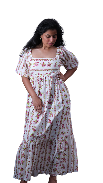 Red & Off-White Floral Tie-Up Regency Gown