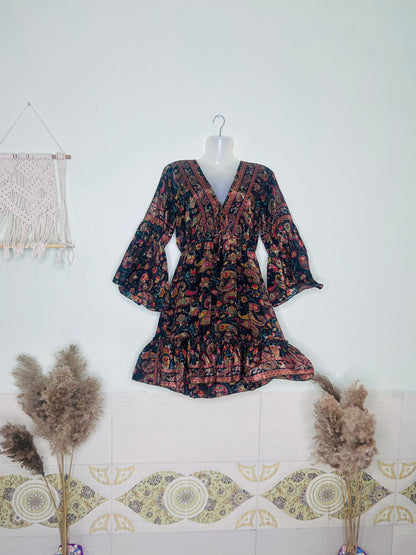 Elegant Confidence Silk Dress – Dark Brown with Long Sleeves & Dori