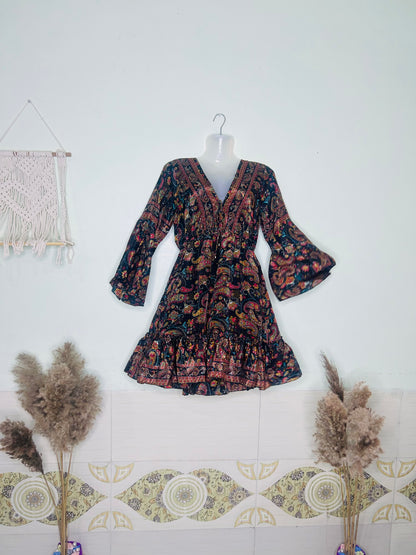 Elegant Confidence Silk Dress – Dark Brown with Long Sleeves & Dori