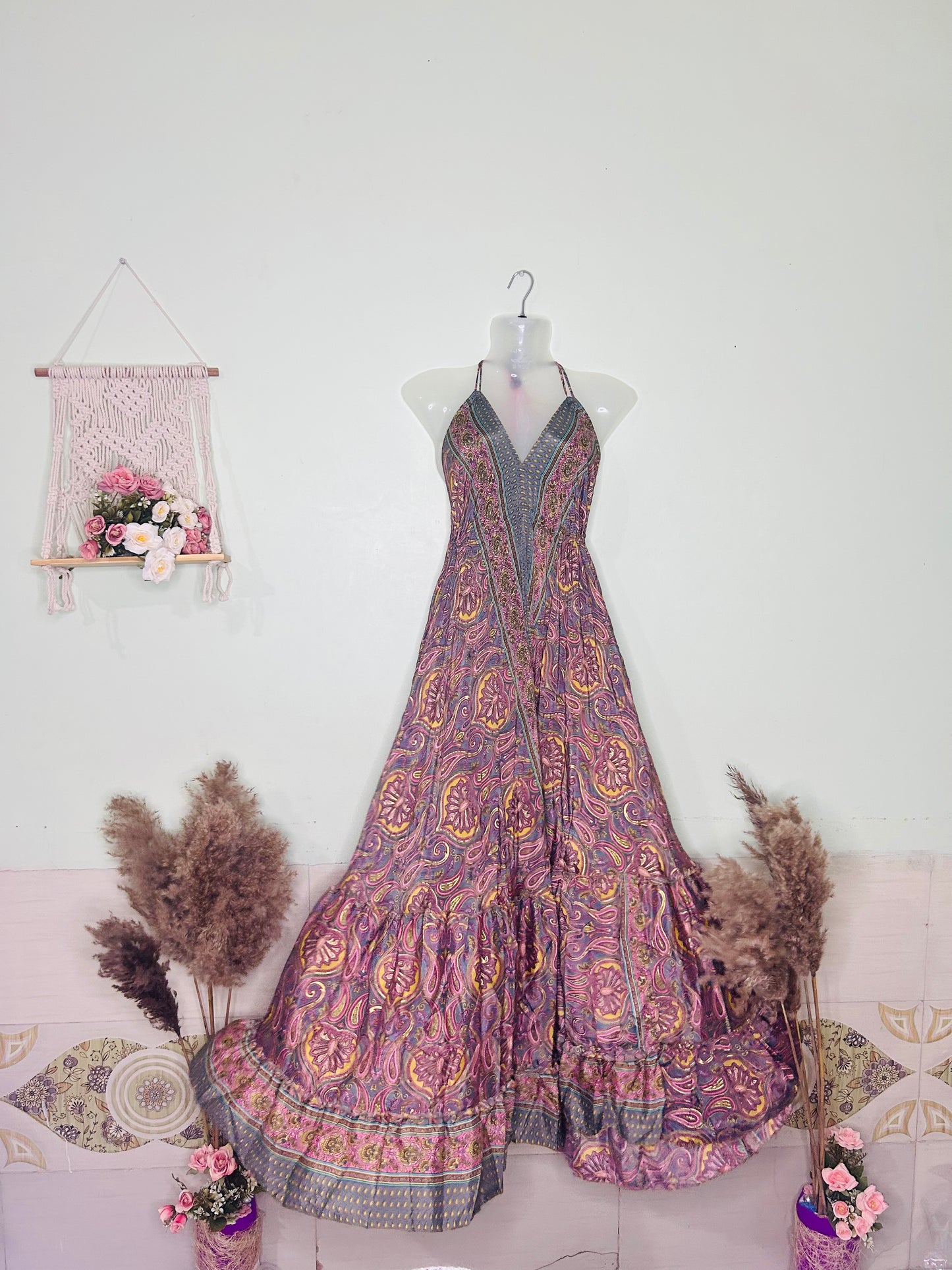 Jaipuri Boho Silk Gown – Maroon Halter Neck Flare Dress