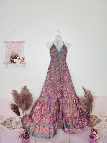 Jaipuri Boho Silk Gown – Maroon Halter Neck Flare Dress