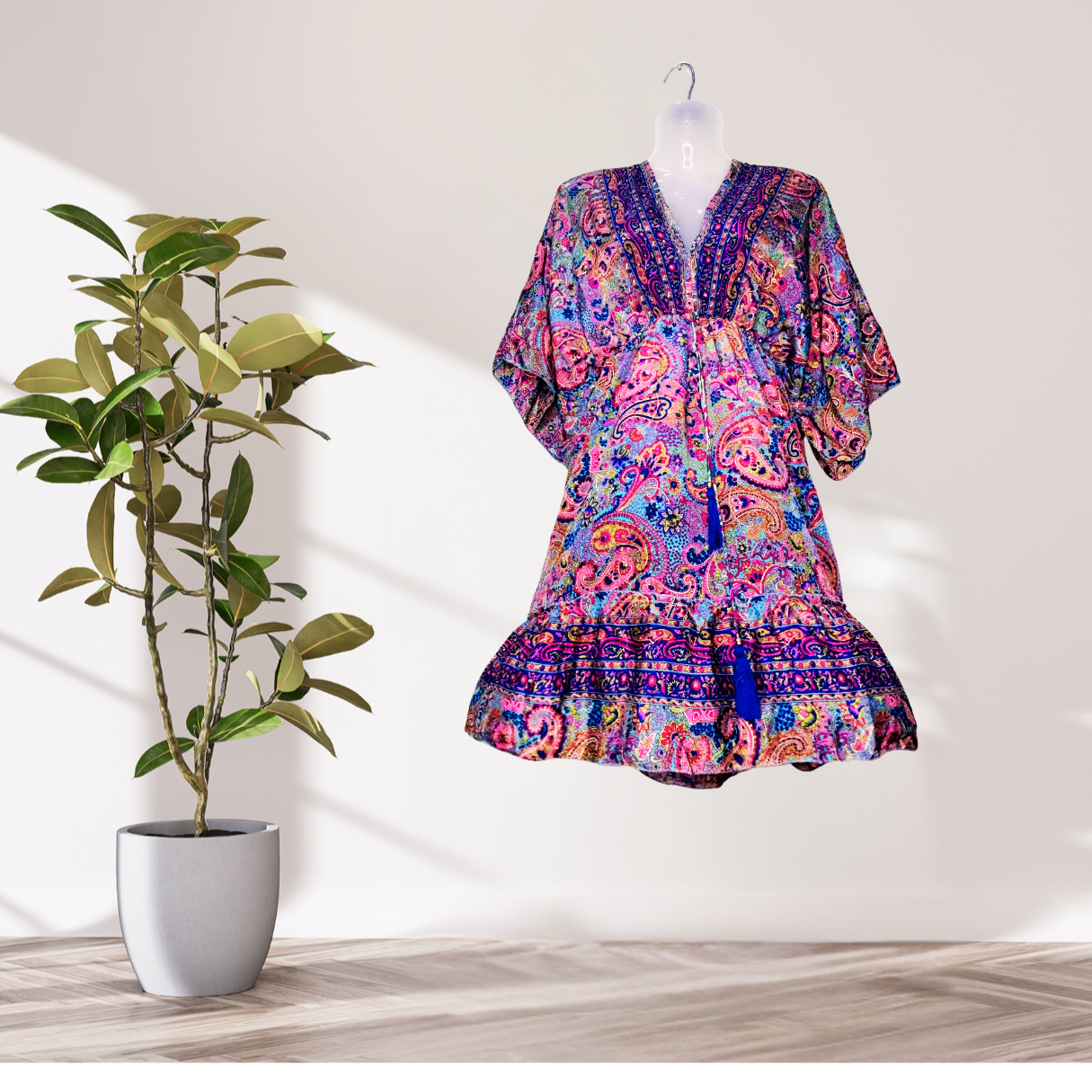 Dark Purple Jaipuri Print Short Dress in Art Silk