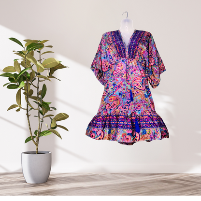 Dark Purple Jaipuri Print Short Dress in Art Silk