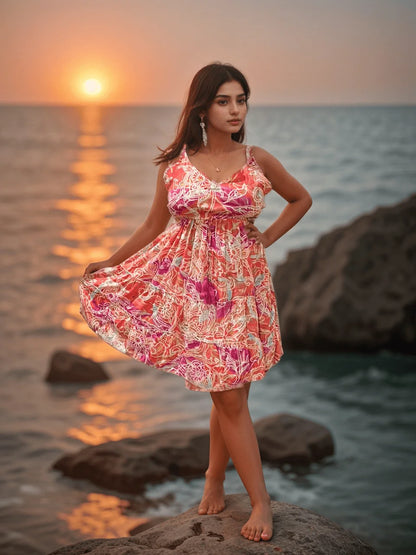 Orange, Pink, and White Aesthetic Straplet Short Dress